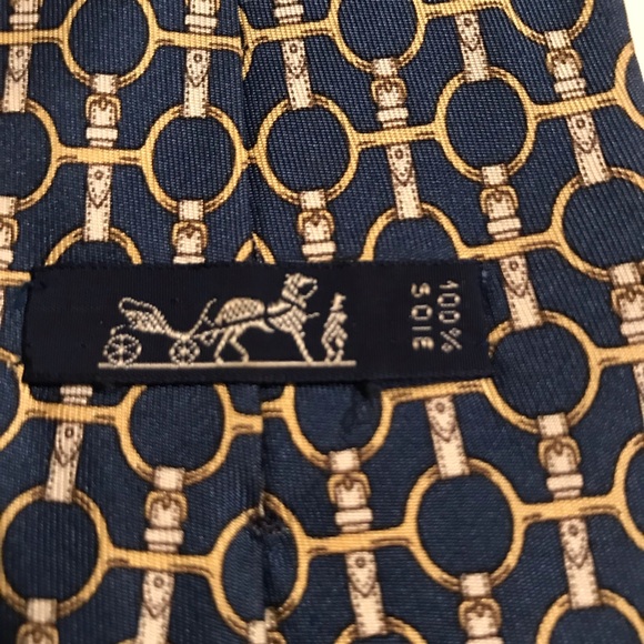 HERMÈS Vintage Men’s Necktie 100% Silk Blue Tan - Picture 3 of 7